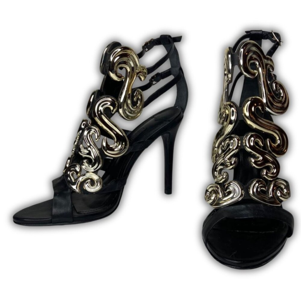 SCHUTZ Black Leather & Gold ARABESQUE Caged Strappy High Heel Sandals US 7